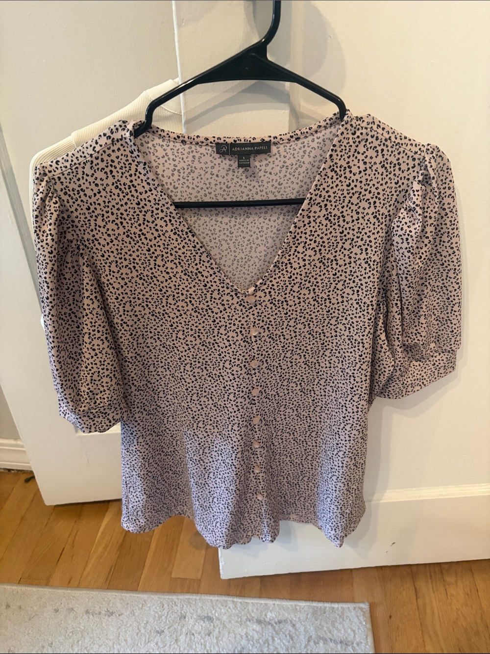 Adrianna Papell Blush Pink Dot Print Button-Down V-Neck Top